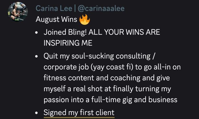 Carina Lee posts that she left her consulting job and signed her first paying client