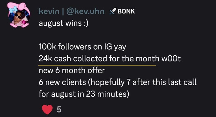 Kevin posts that he banked five figures in August and passed 100k followers on Instagram